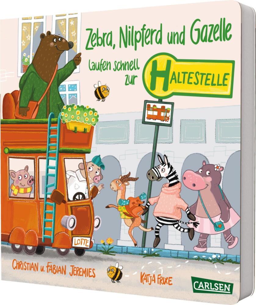 Zebra, Nilpferd und Gazelle laufen schnell zur ... Haltestelle! (Katja Frixe)