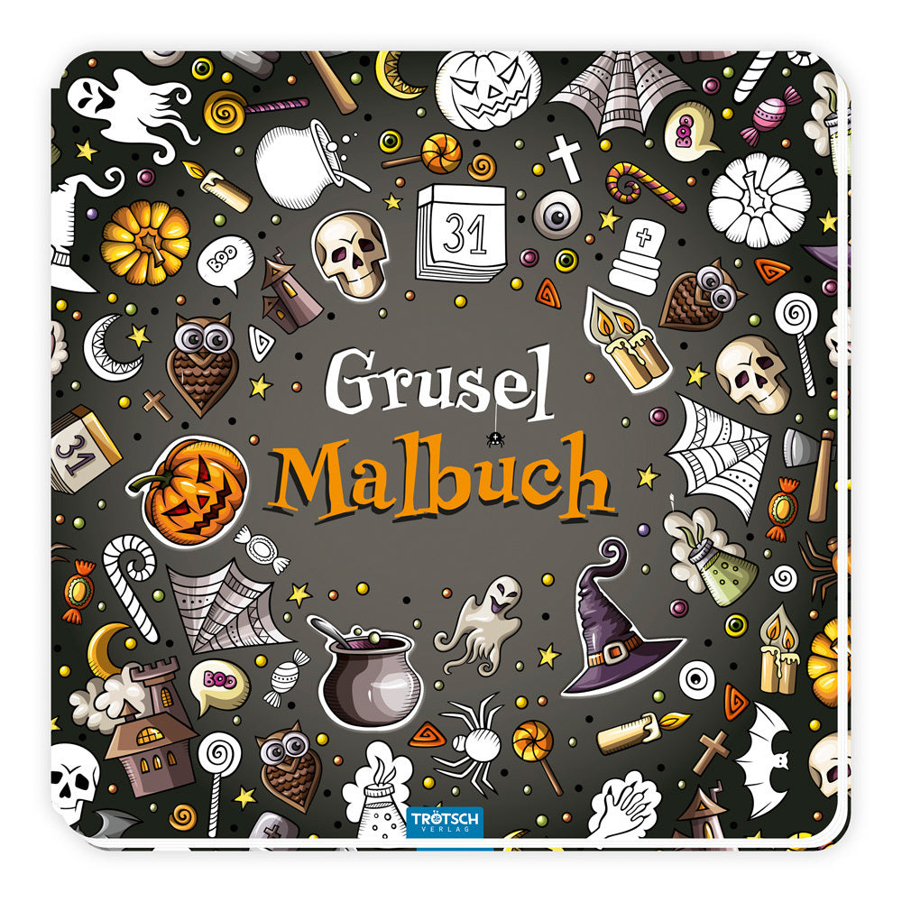 TRÖTSCH - Gruselmalbuch mit Stickern | Halloween Malbuch mit süßen Gruselmotiven, Stickern und Bastelideen | Halloween Ausmalbilder für Buntstifte, Wasserfarben und Wachsmalstifte | Ab 5 Jahren (Trötsch Verlag)