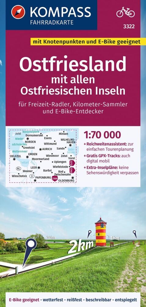 KOMPASS Fahrradkarte 3322 Ostfriesland mit allen Ostfriesischen Inseln mit Knotenpunkten 1:70.000