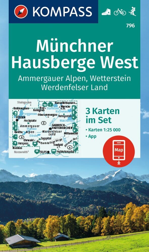 KOMPASS Wanderkarten-Set 796 Münchner Hausberge West, Ammergauer Alpen, Wetterstein, Werdenfelser Land (3 Karten) 1:25.000