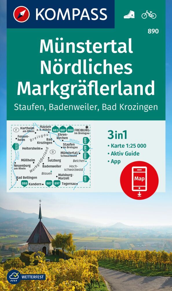 KOMPASS Wanderkarte 890 Münstertal, Nördliches Markgräflerland, Staufen, Badenweiler, Bad Krozingen 1:25.000