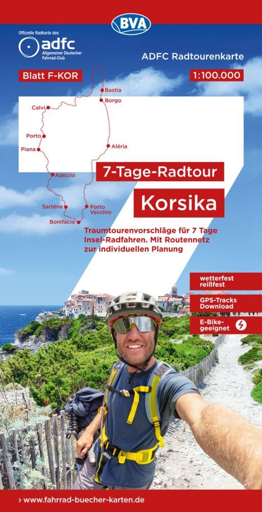 ADFC-Radtourenkarte F-KOR 7-Tage-Radtour Korsika, 1:100.000, reiß- und wetterfest, E-Bike geeignet, GPS-Tracks Download, mit Kilometer-Angaben (Allgemeiner Deutscher Fahrrad-Club E.V. (Adfc))