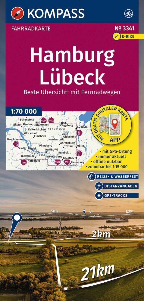 KOMPASS Fahrradkarte 3341 Hamburg, Lübeck 1:70.000