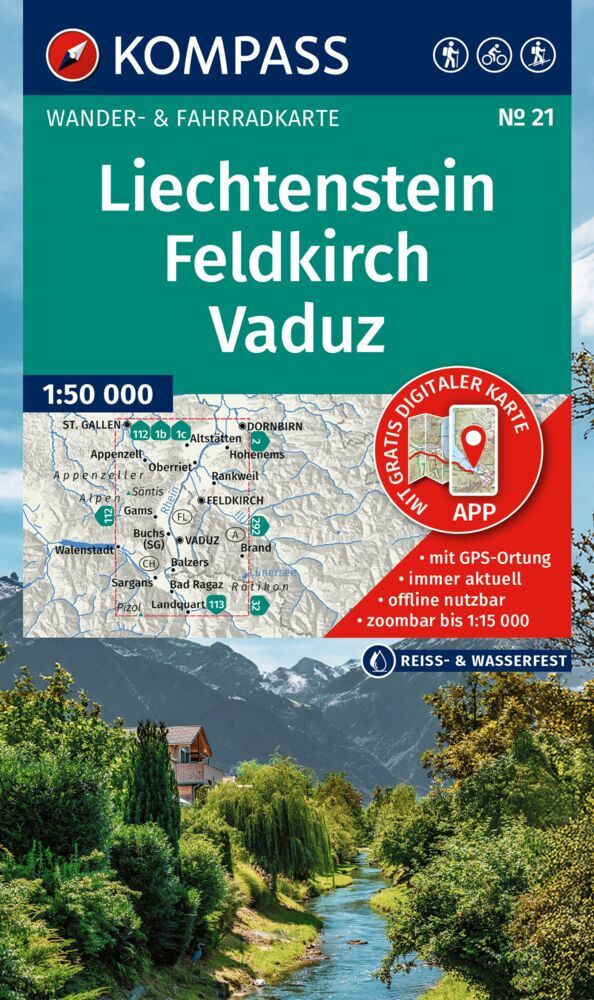KOMPASS Wanderkarte 21 Liechtenstein, Feldkirch, Vaduz 1:50.000