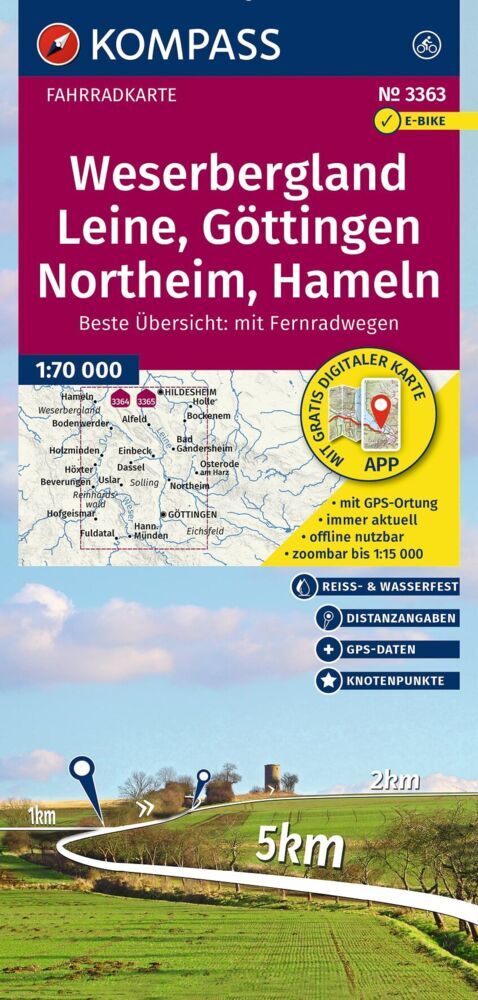 KOMPASS Fahrradkarte 3363 Weserbergland, Leine, Göttingen, Northeim, Hameln mit Knotenpunkten 1:70.000