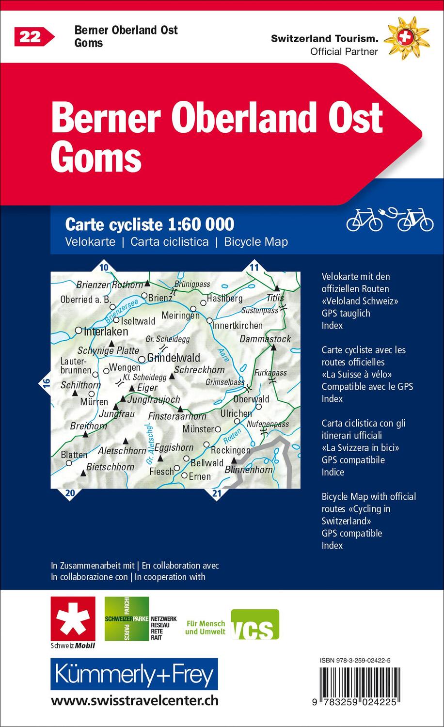 Kümmerly+Frey Velokarte 22 Berner Oberland Ost, Goms 1:60.000