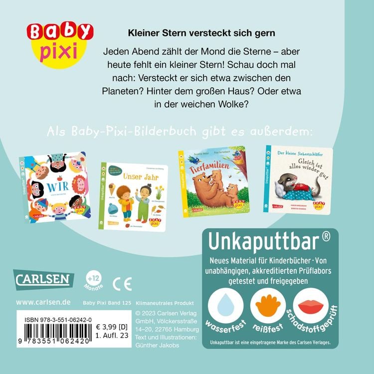 Carlsen Baby Pixi (unkaputtbar) 125: Kleiner Stern versteckt sich gern (Deutsch, 2023, Günther Jakobs)