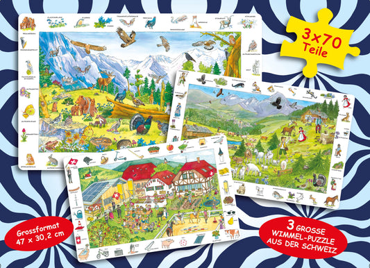Puzzlebox Schweiz mit 3 Wimmelpuzzles