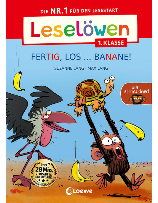 Loewe Verlag Leselöwen 1. Klasse - Jim ist mies drauf - Fertig, los ... Banane! (Großbuchstaben) (Deutsch, 2023, Max Lang, Suzanne Lang, Loewe Erstes Selberlesen, Pia Jüngert, Loewe Erstlesebücher)