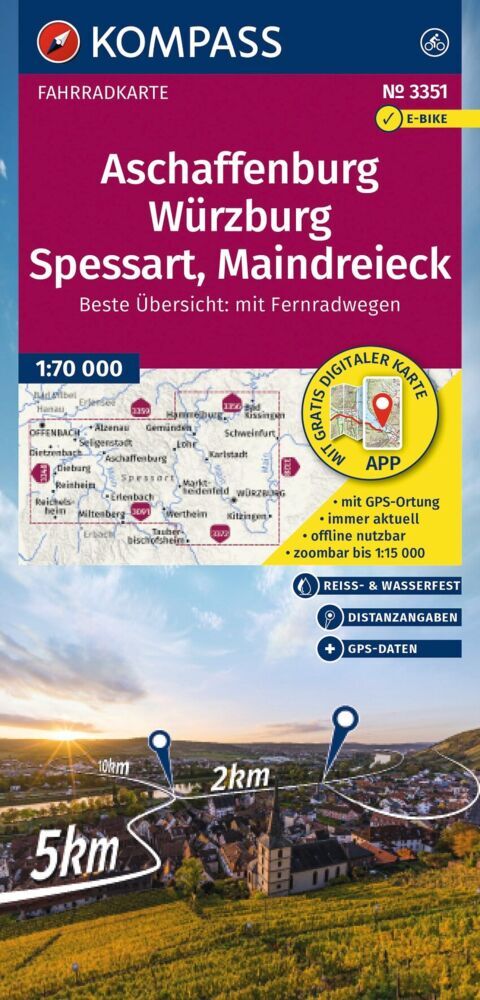 KOMPASS Fahrradkarte 3351 Aschaffenburg, Würzburg, Spessart, Maindreieck 1:70.000