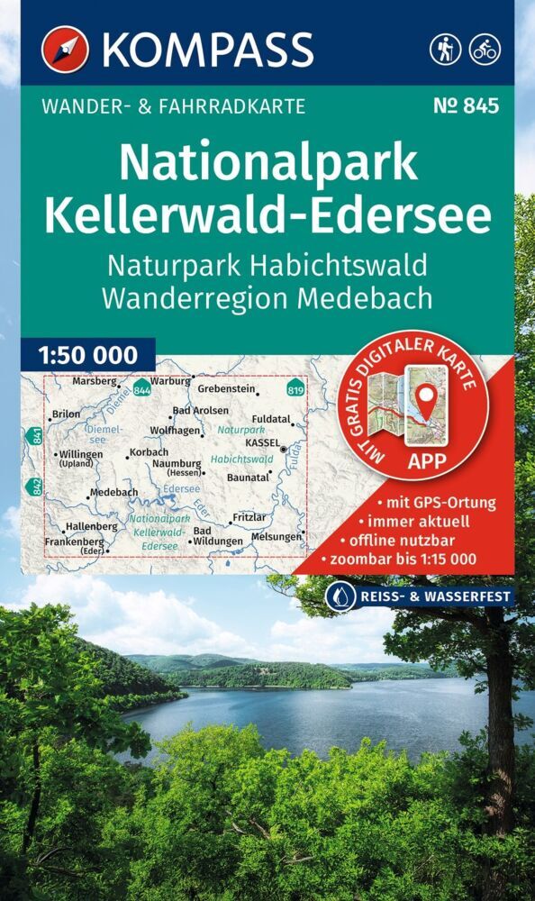 KOMPASS Wanderkarte 845 Nationalpark Kellerwald-Edersee, Naturpark Habichtswald, Wanderregion Medebach 1:50.000