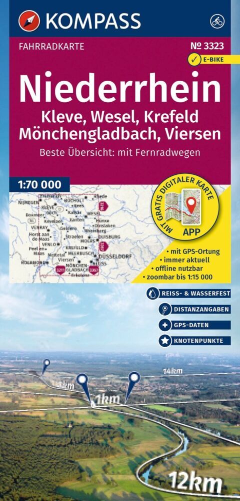 KOMPASS Fahrradkarte 3323 Niederrhein, Kleve, Wesel, Krefeld, Mönchengladbach, Viersen mit Knotenpunkten 1:70.000