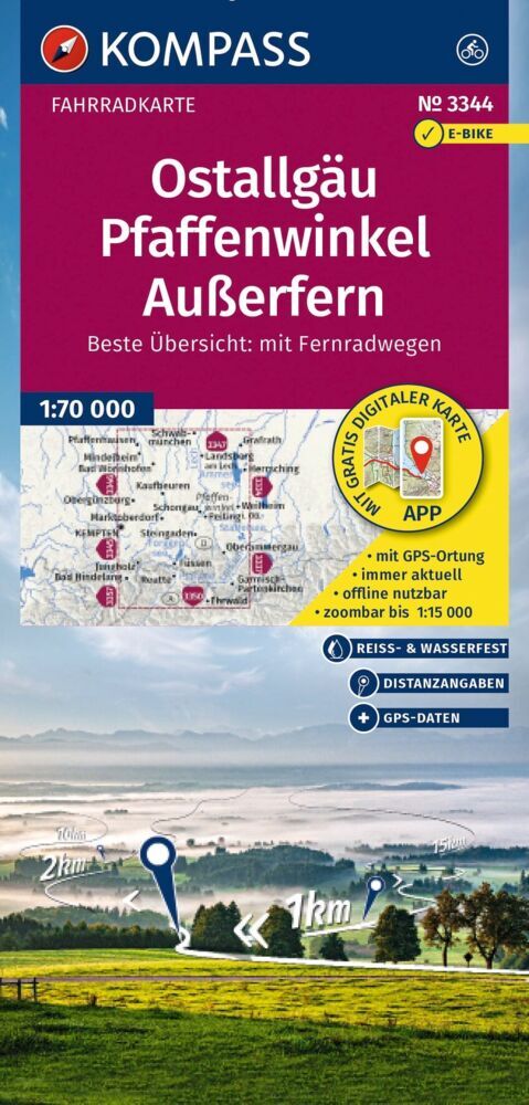 KOMPASS Fahrradkarte 3344 Ostallgäu, Pfaffenwinkel, Außerfern 1:70.000