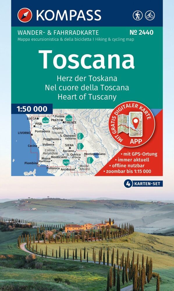 KOMPASS Wanderkarten-Set 2440 Toscana, Herz der Toskana, Nel cuore della Toscana, Heart of Tuscany (4 Karten) 1:50.000