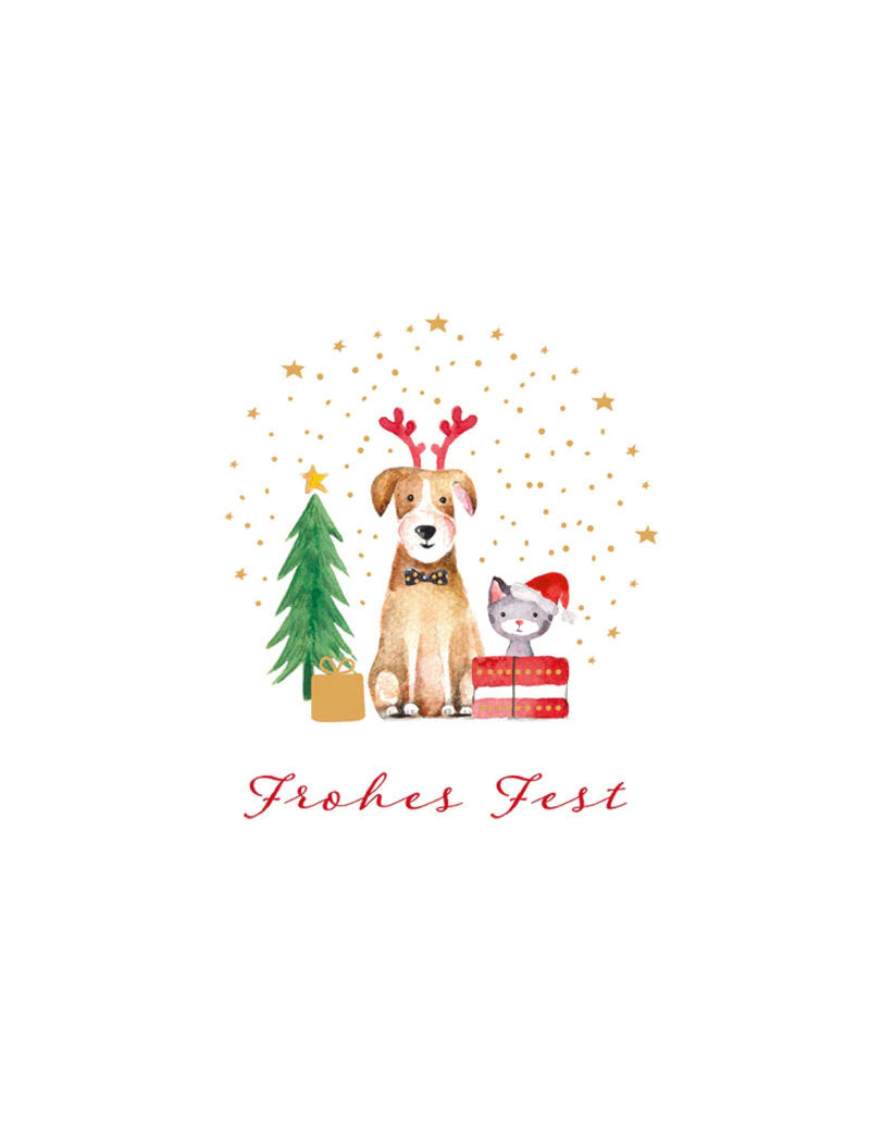 Postkarte. Green Karma X-MAS - Haustiere feiern Weihnachten
