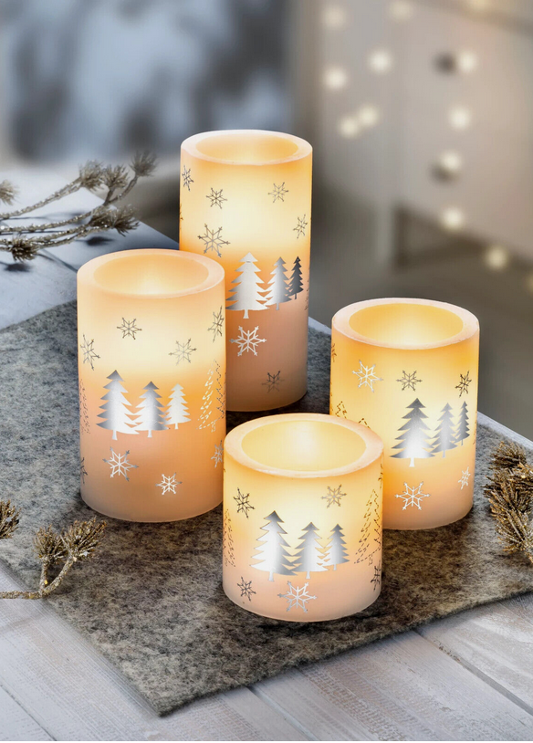LED-Echtwachskerzen "Winterwald", 4er-Set