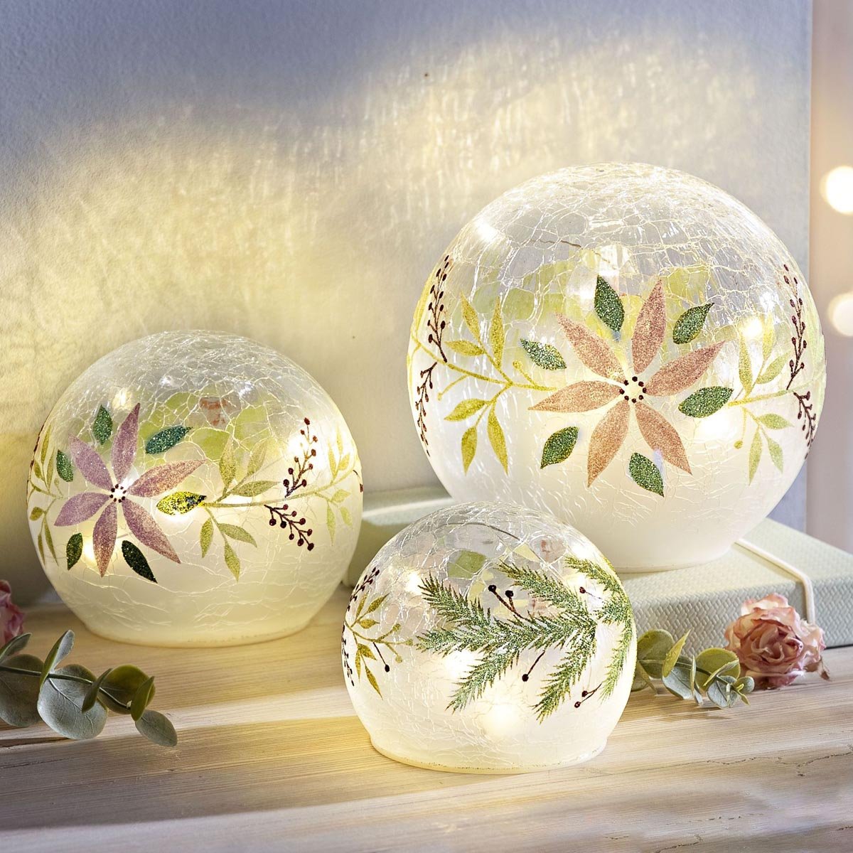 LED-Glaskugeln "Winterflowers", 3er-Set