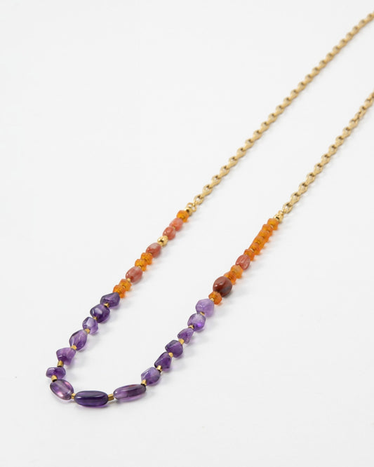Elsita Jewelry long necklace featuring red agate, carnelian, and amethyst beads on a gold stainless steel chain.