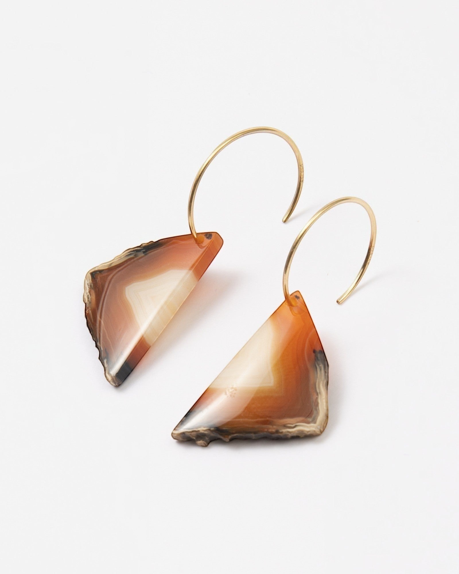 Elsita Jewelry Wild 13 earrings featuring raw, freeform Indonesian agate slices on 14K gold-filled hoops.