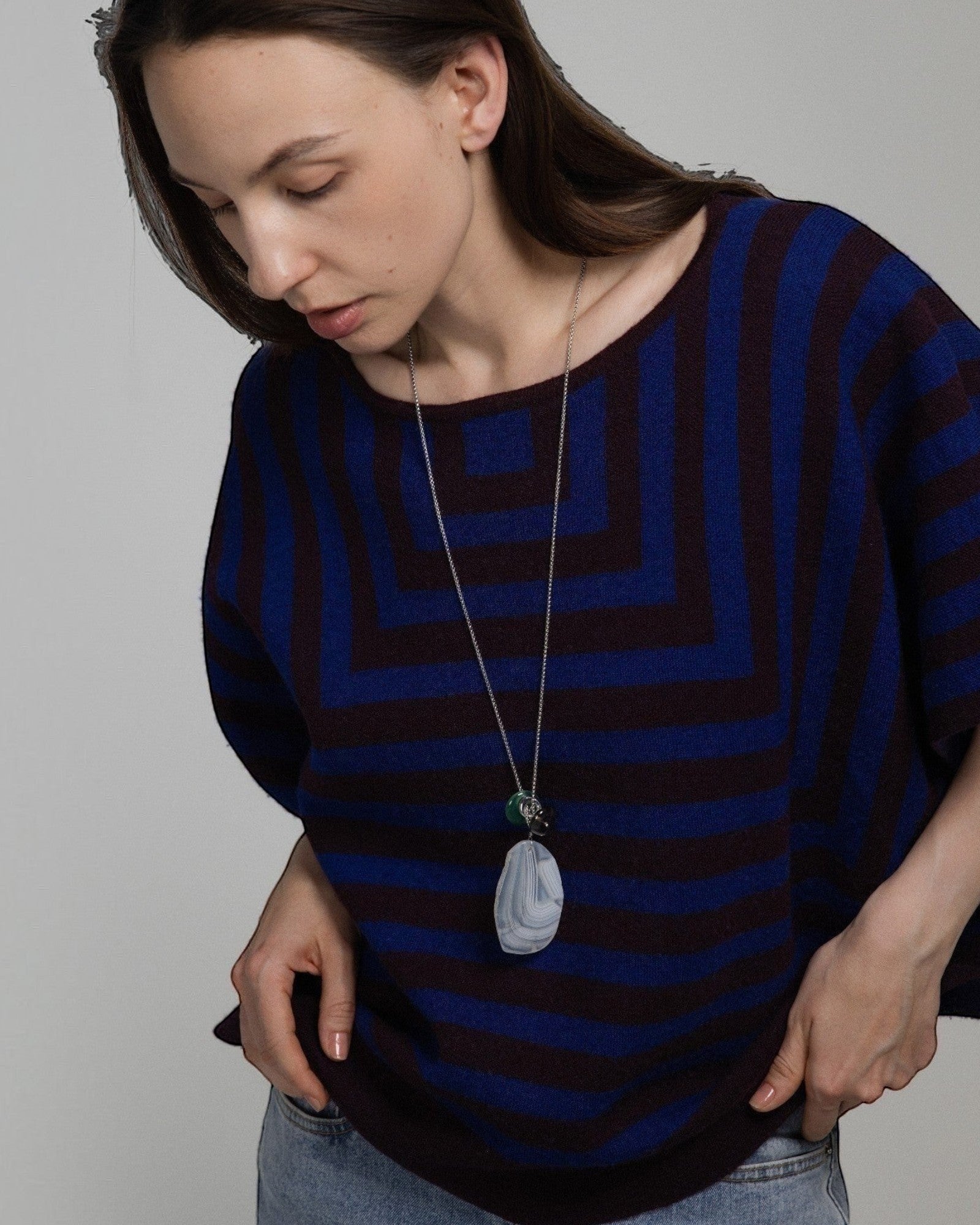Elsita Jewelry Glacier Night necklace featuring white agate, green agate, and smoky quartz on a stainless steel chain.