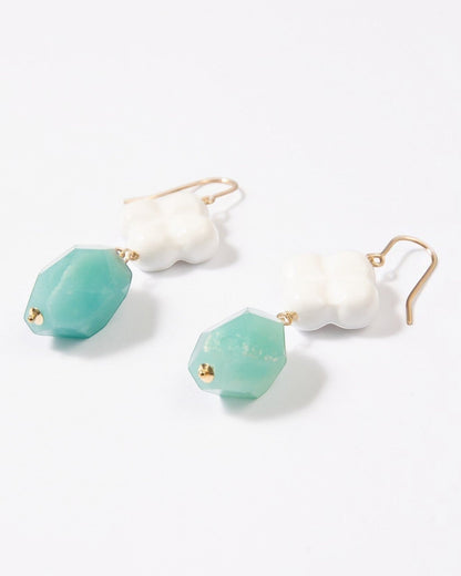 Elsita Jewelry Sky earrings featuring faceted lagoon-blue amazonite and white clover-shaped agate on 14K gold-filled
