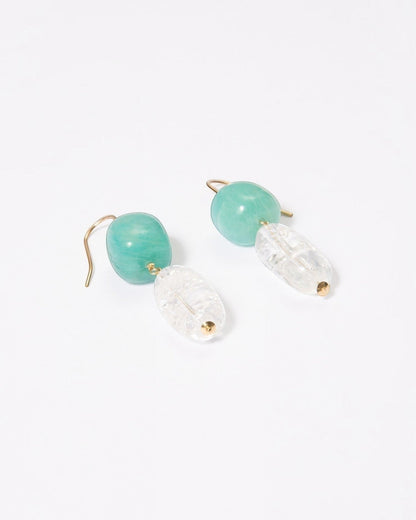 Elsita Jewelry Aqua earrings featuring smooth Amazonite beads and clear quartz on 14K gold-filled hooks.