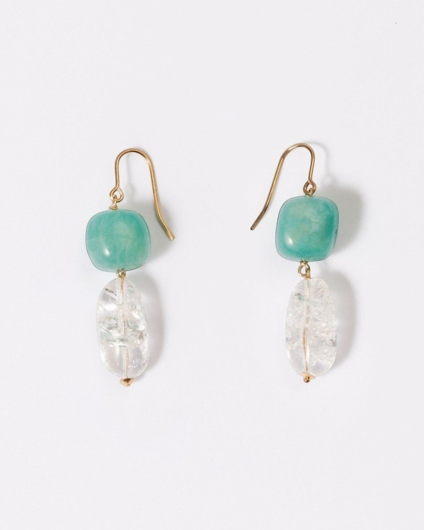 Elsita Jewelry Aqua earrings featuring Amazonite beads and clear quartz drops on 14K gold-filled hooks.