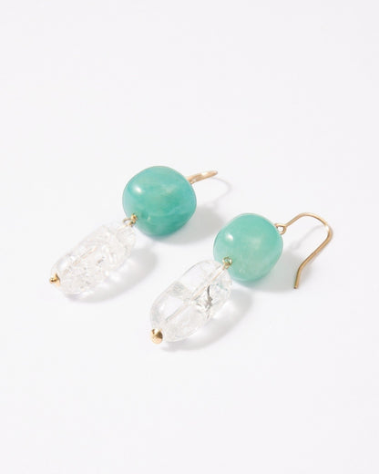 Elsita Jewelry Aqua earrings featuring round Amazonite beads and clear quartz drops on 14K gold-filled hooks.