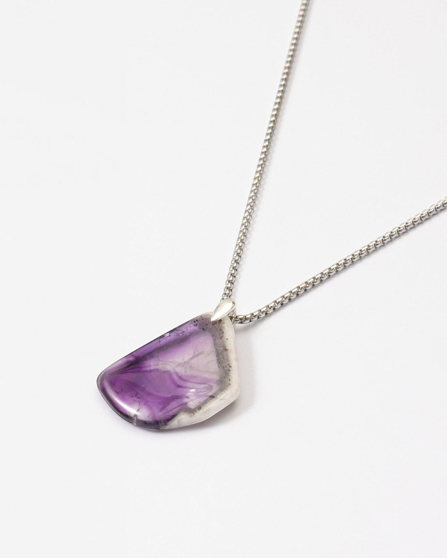 Elsita Jewelry Kaleidoscope I amethyst pendant necklace with purple banding and white quartz edge on a silver chain.