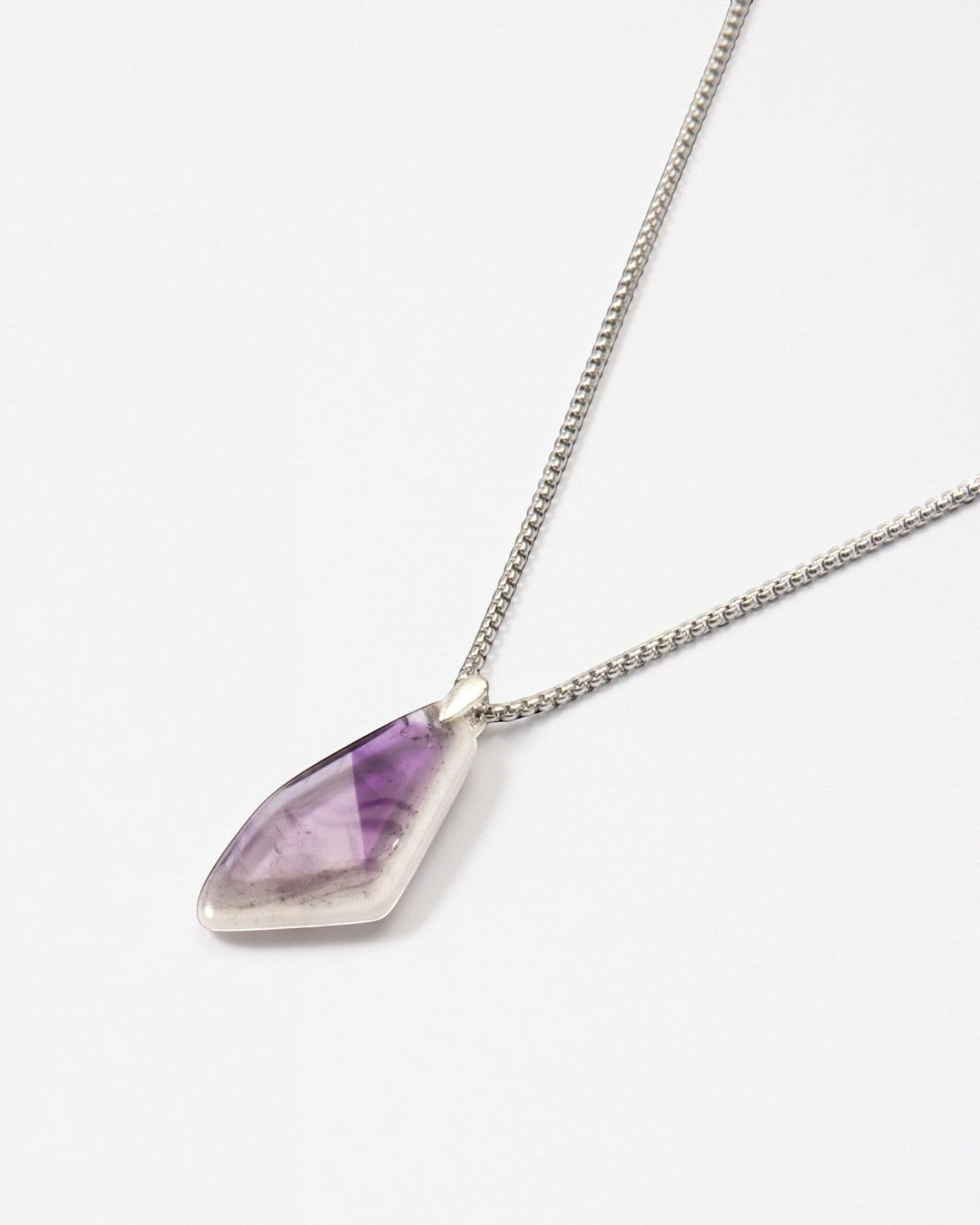 Elsita Jewelry Kaleidoscope IV amethyst pendant necklace with a sterling silver bail on a stainless steel chain.