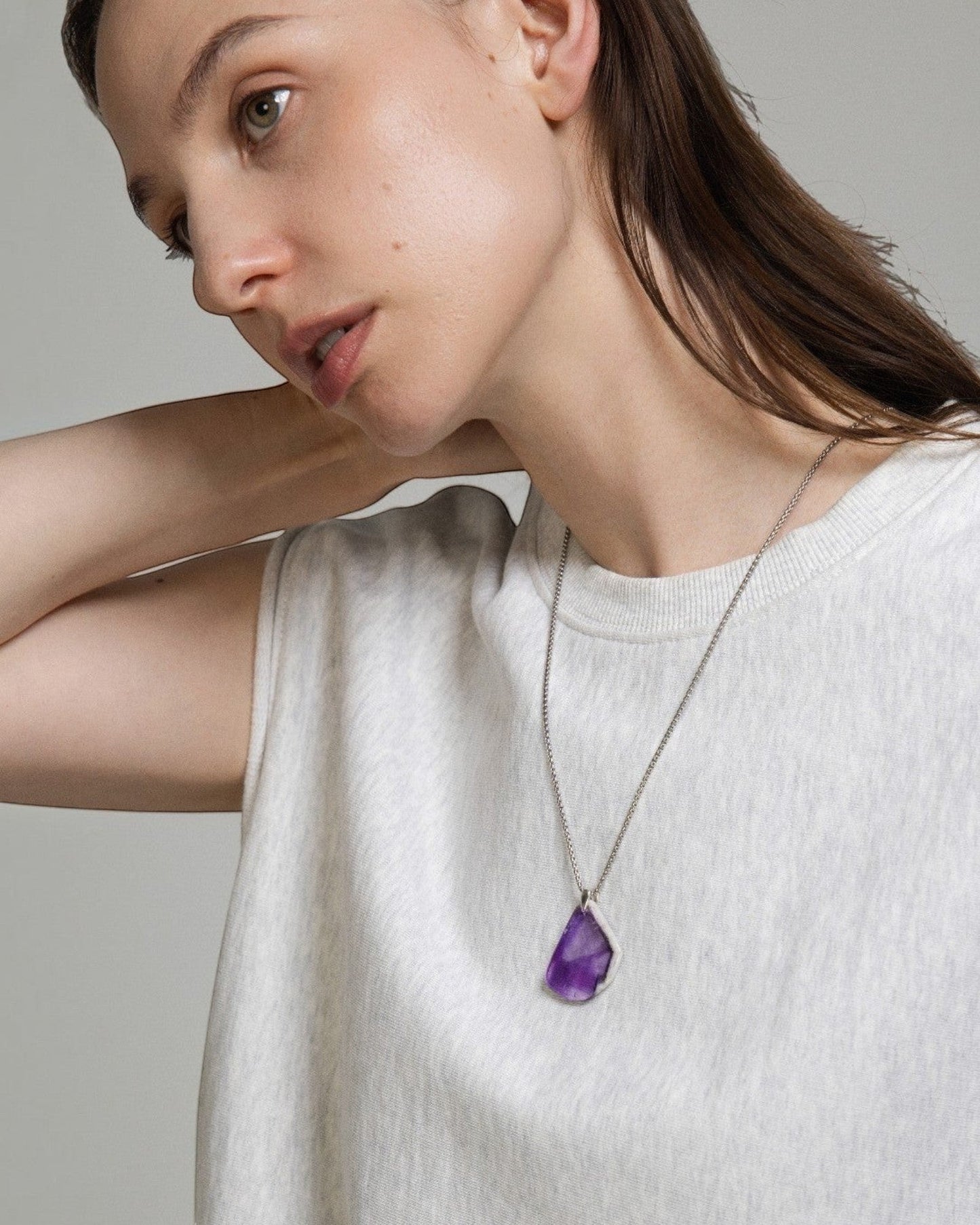 Elsita Jewelry Kaleidoscope I amethyst pendant necklace with raw purple crystal and sterling silver on stainless chain