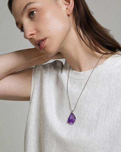Elsita Jewelry Kaleidoscope I amethyst pendant necklace with raw purple crystal and sterling silver on stainless chain