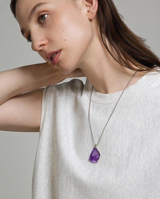 Elsita Jewelry Kaleidoscope I amethyst pendant necklace with raw purple crystal and sterling silver on stainless chain