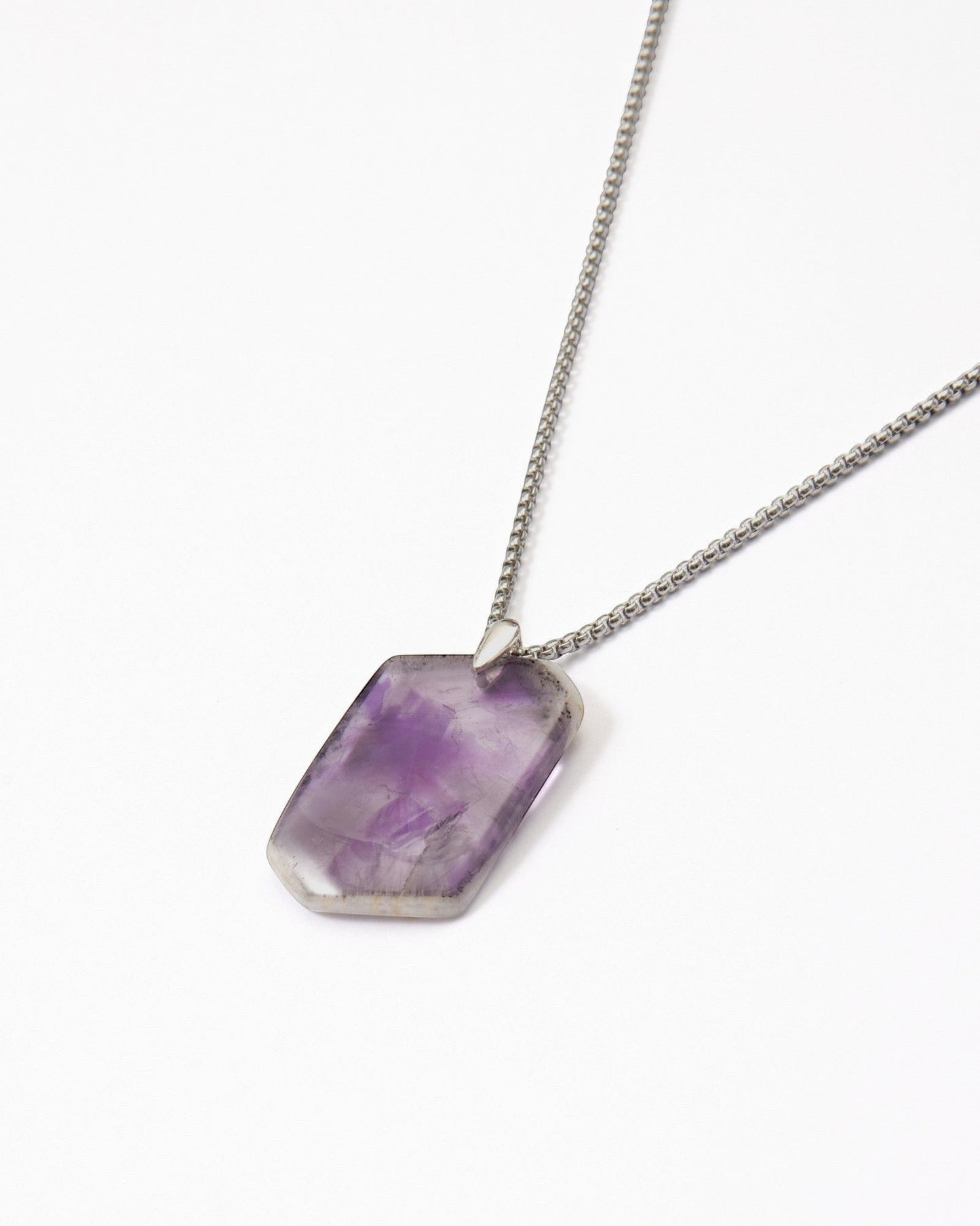 Elsita Jewelry amethyst pendant necklace featuring a natural purple crystal stone with white quartz edges on a silver chain