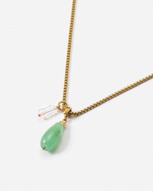 Elsita Jewelry Bamboo necklace featuring a green teardrop chrysoprase and clear quartz pendant on a gold stainless chain