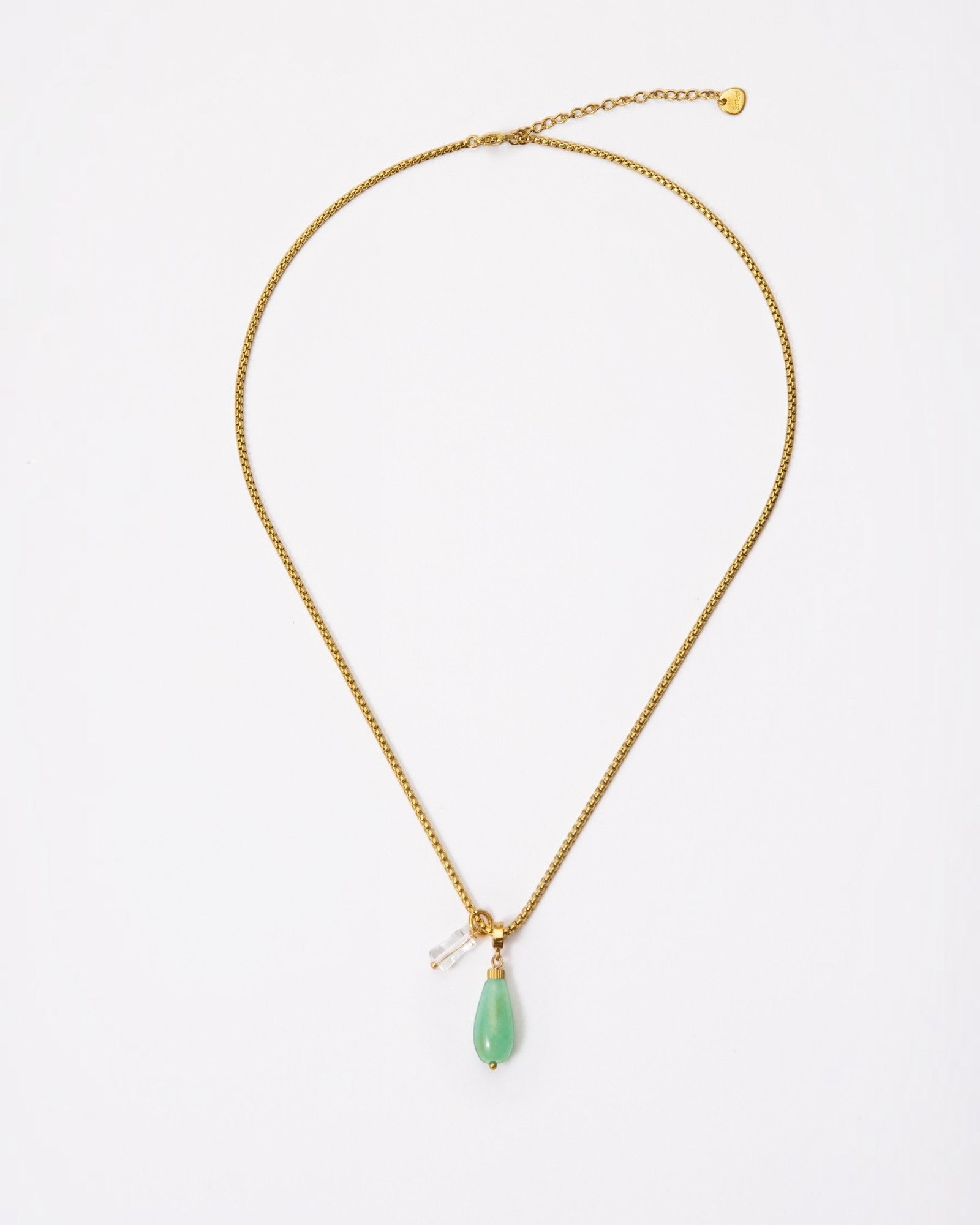 Elsita Jewelry Bamboo necklace featuring a green chrysoprase teardrop and clear quartz on a gold stainless steel chain