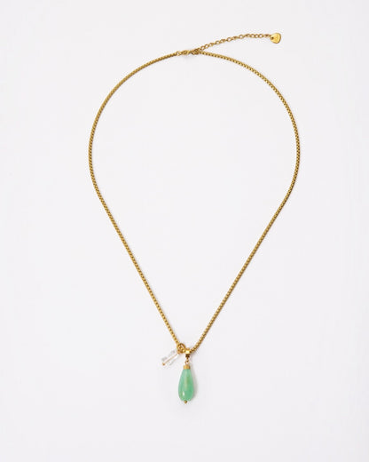 Elsita Jewelry Bamboo necklace featuring a green chrysoprase teardrop and clear quartz on a gold stainless steel chain