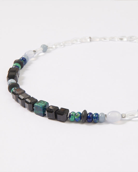 Elsita Jewelry Blausee Deep necklace featuring faceted black agate, chrysocolla, and blue chalcedony mineral beads.