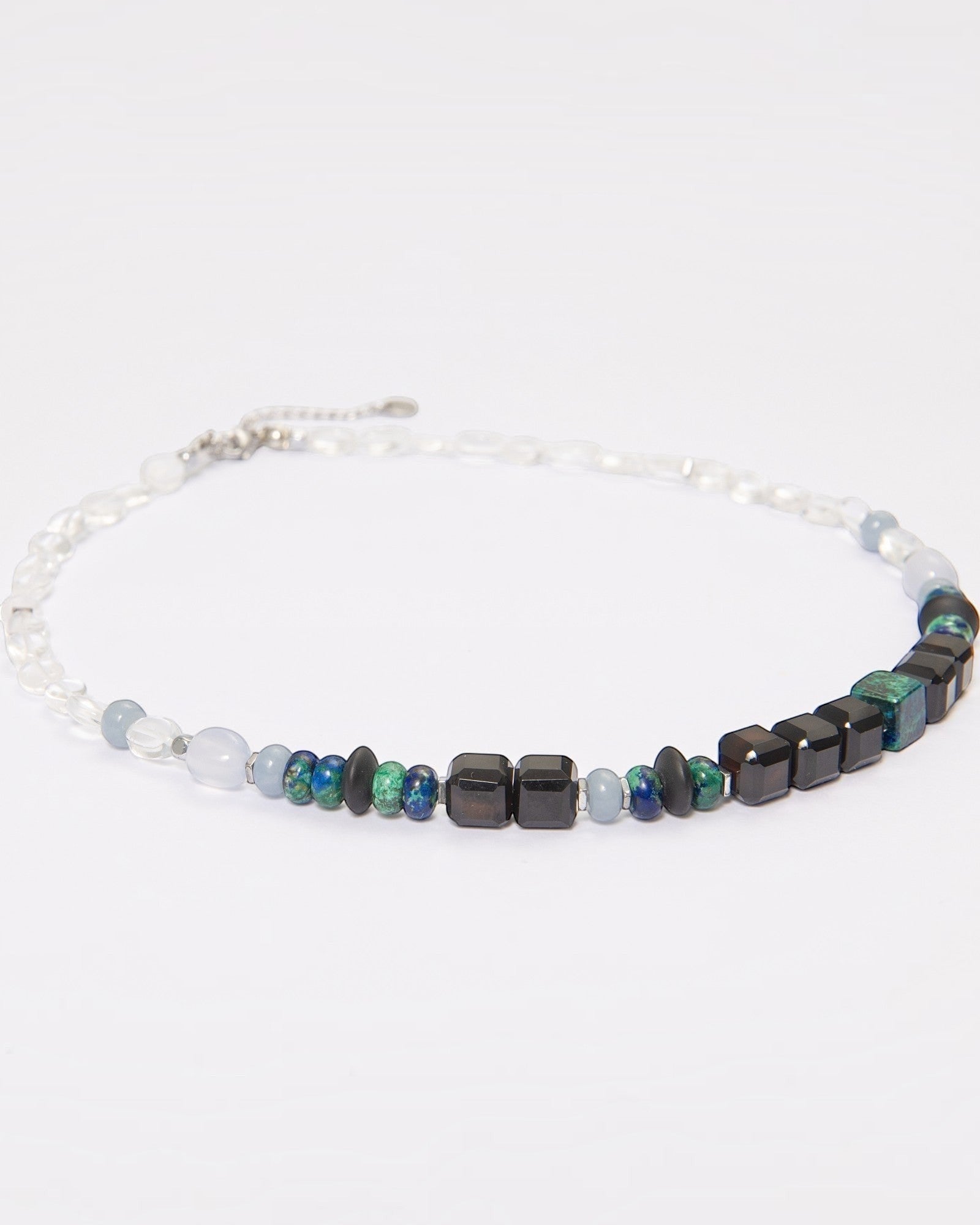 Elsita Jewelry Blausee Deep necklace featuring chrysocolla, black agate, angelite, and chalcedony beads.