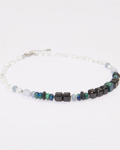 Elsita Jewelry Blausee Deep necklace featuring chrysocolla, black agate, angelite, and chalcedony beads.