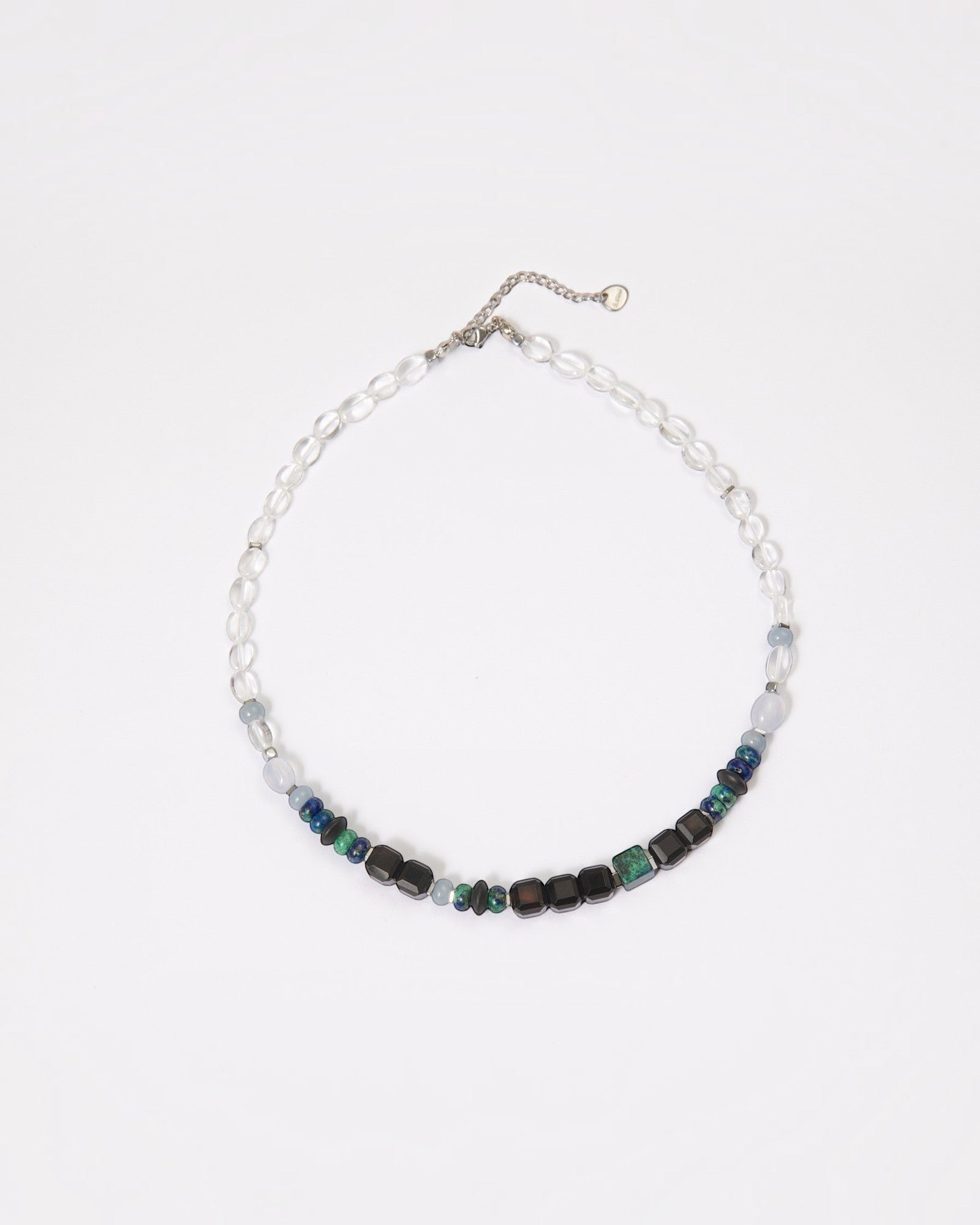Elsita Jewelry Blausee Deep necklace featuring chrysocolla, black agate, and chalcedony beads on a stainless chain.