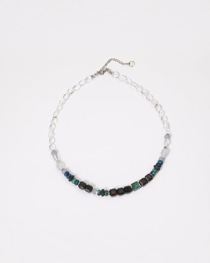 Elsita Jewelry Blausee Deep necklace featuring chrysocolla, black agate, and chalcedony beads on a stainless chain.