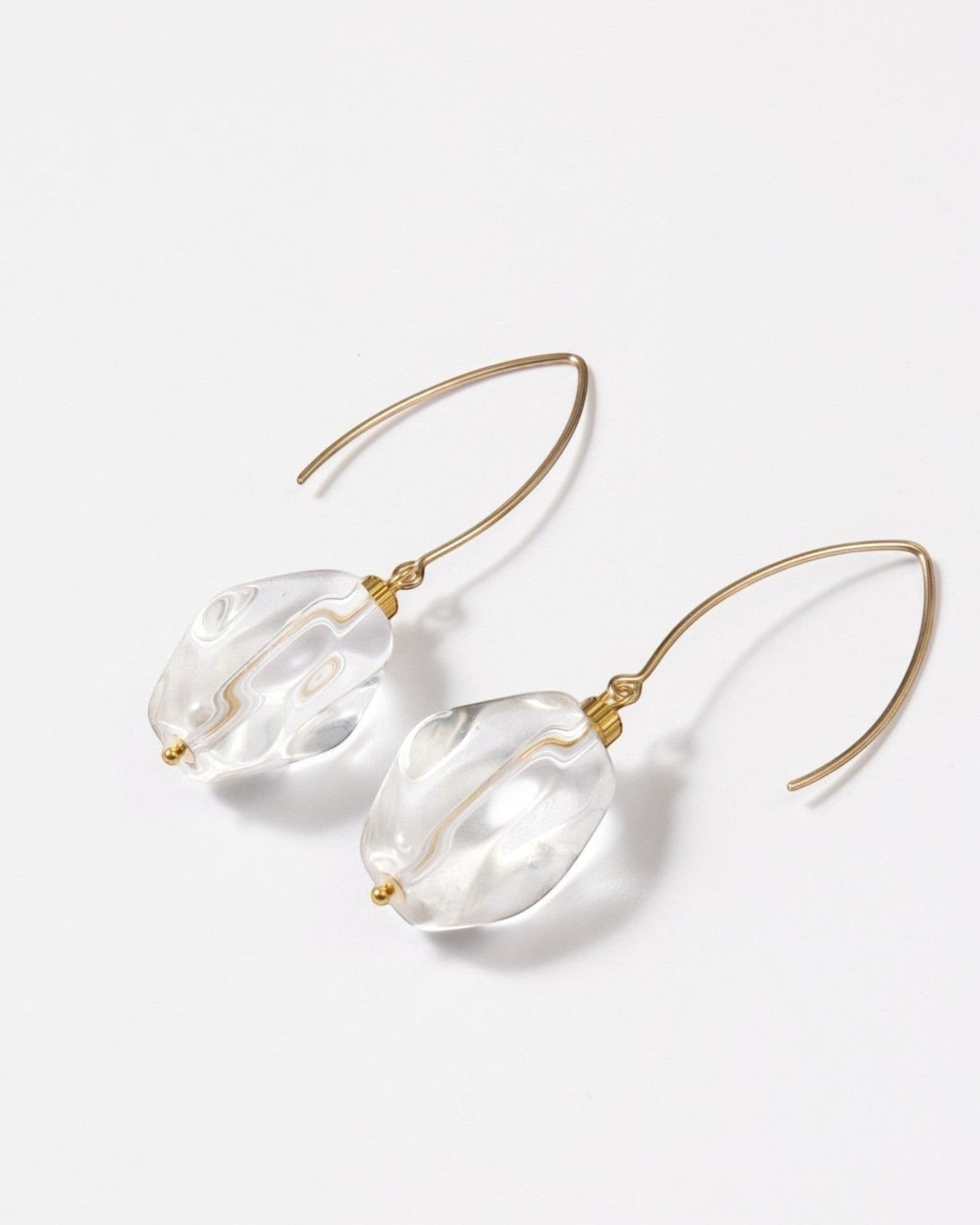 Elsita Jewelry clear quartz drop earrings with faceted stones on 14K gold-filled hooks against a white background.