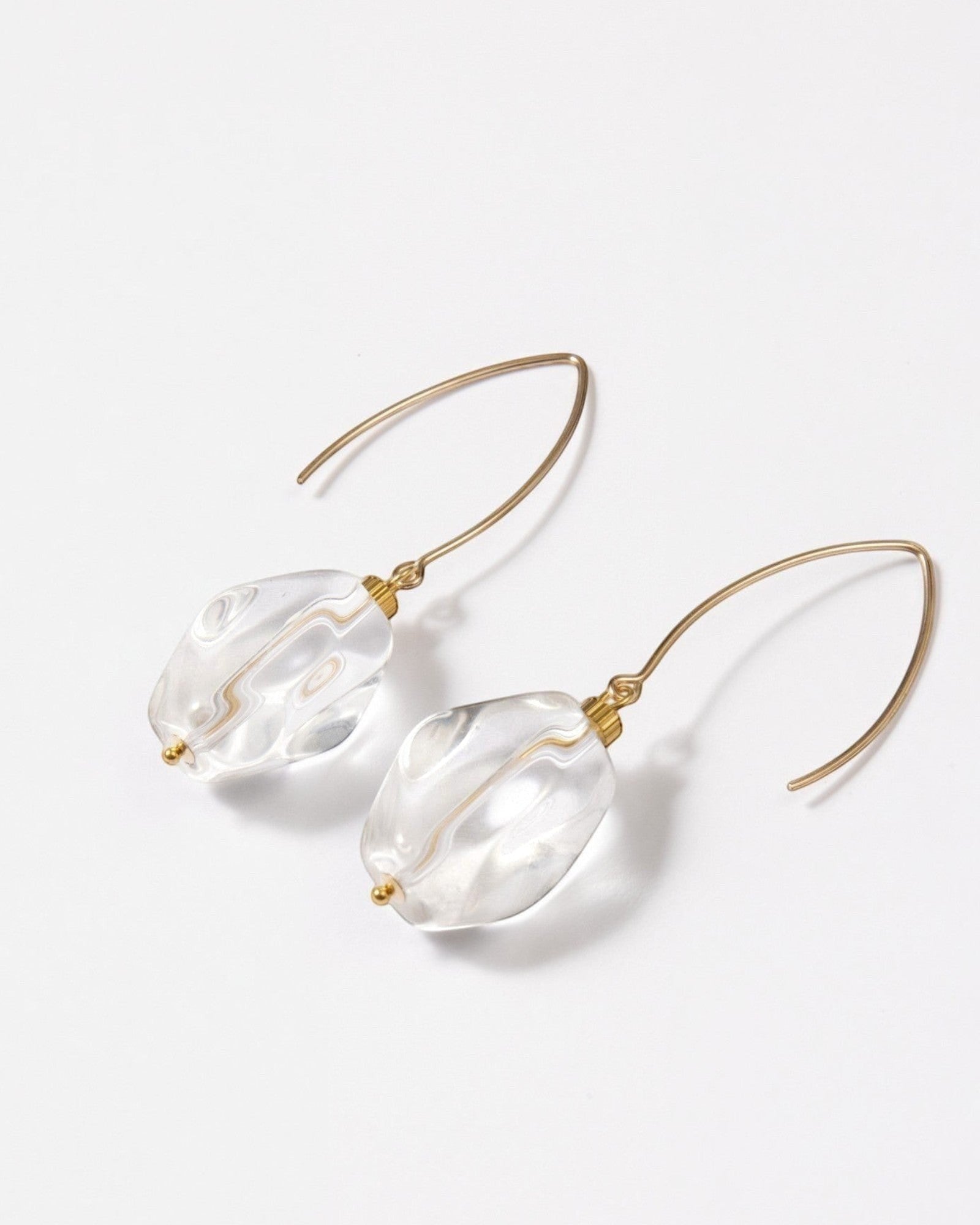 Elsita Jewelry clear quartz drop earrings with faceted stones on 14K gold-filled hooks against a white background.