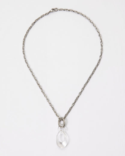 Elsita Jewelry Link Clear necklace featuring a hand-carved clear quartz interlocked chain pendant on a silver-tone chain.