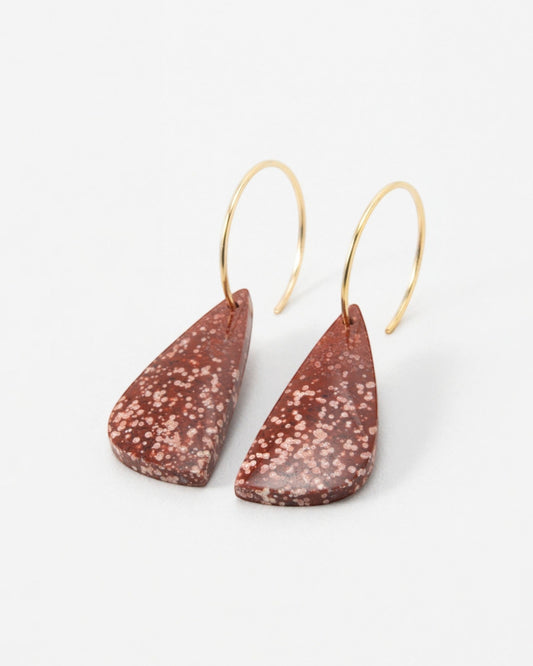 Elsita Jewelry Coral drop earrings featuring speckled reddish-brown stone pendants on delicate gold wire hooks.