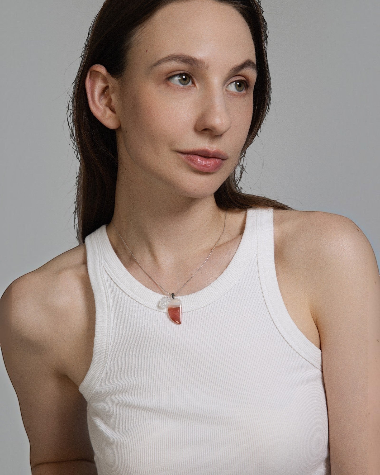 Elsita Jewelry Soda IV crescent red agate and clear quartz pendant necklace on a sterling silver snake chain