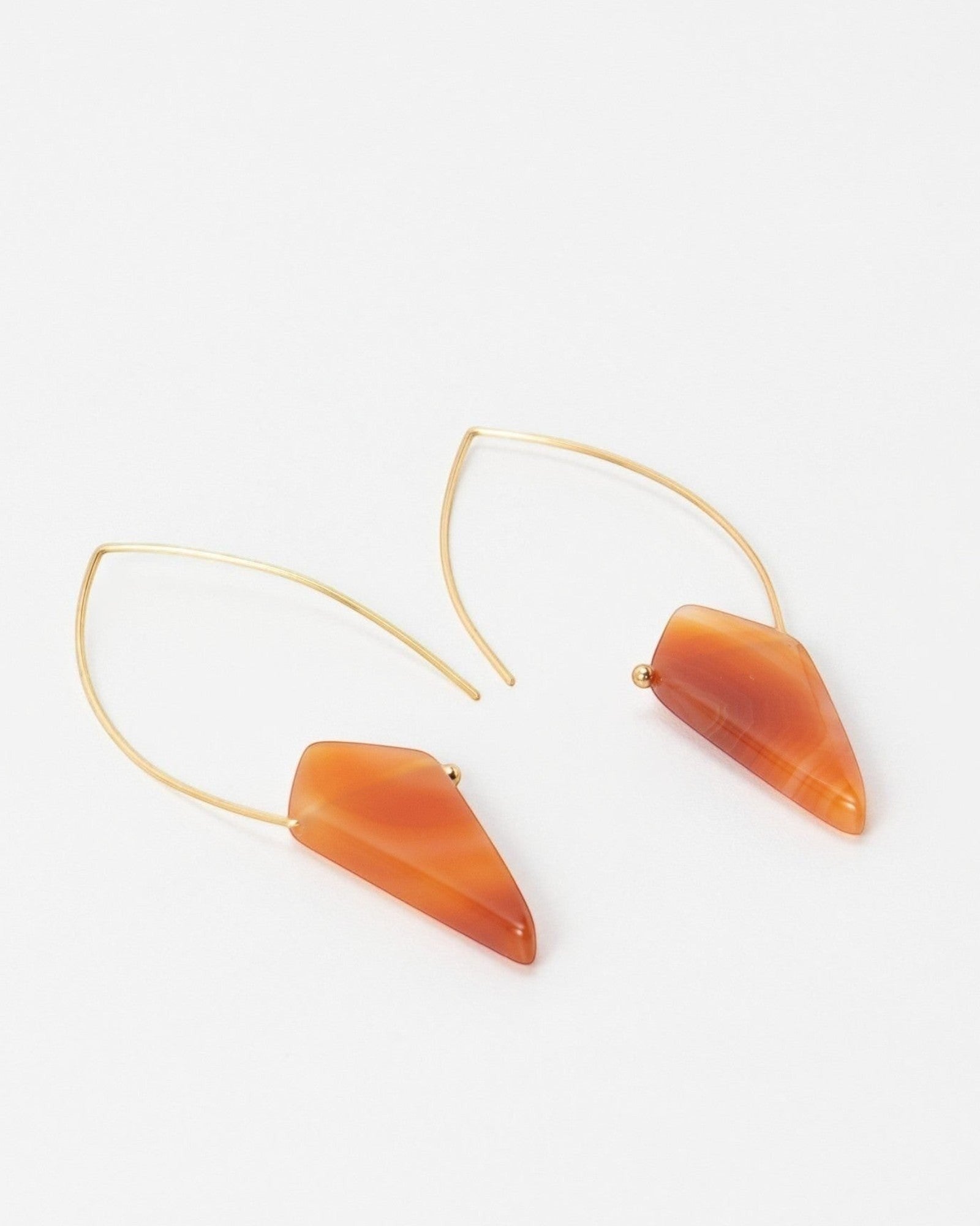 Elsita Jewelry Edge earrings featuring geometric orange carnelian stones on delicate gold wire hooks.