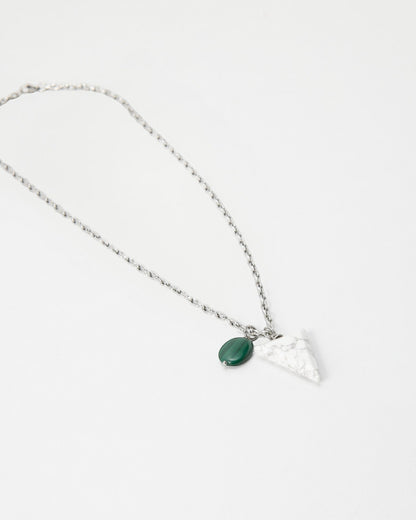 Elsita Jewelry Forest necklace featuring a white marble triangle pendant and a small green malachite charm on a chain
