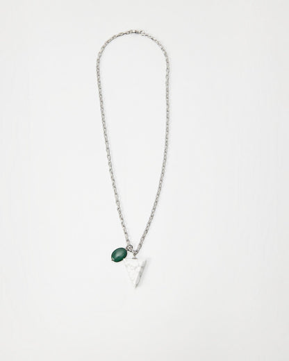 Elsita Jewelry Forest necklace featuring a white marble triangle pendant and a green stone charm on a silver chain.